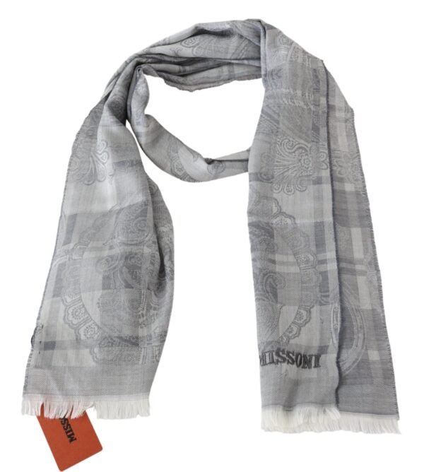 Missoni Chic Unisex Gray Wool Scarf with Logo Embroidery - Image 3