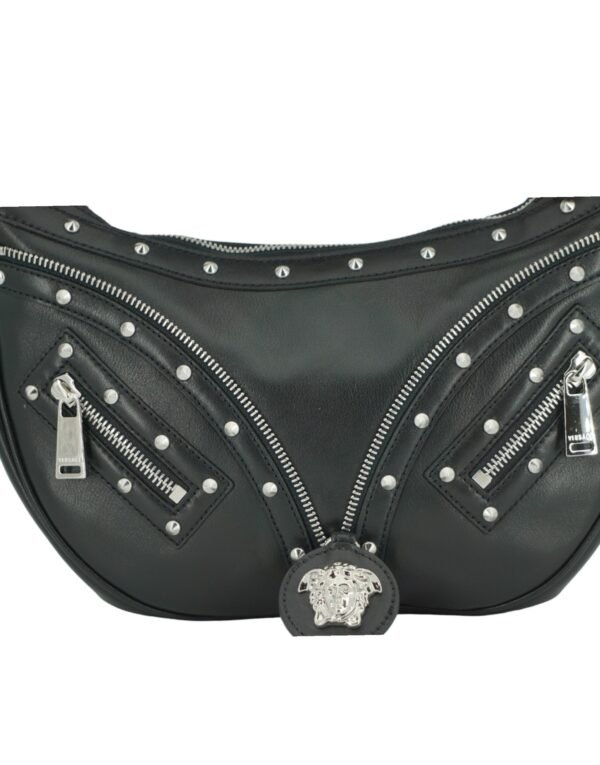Versace Elegant Black Leather Hobo Shoulder Bag - Image 4