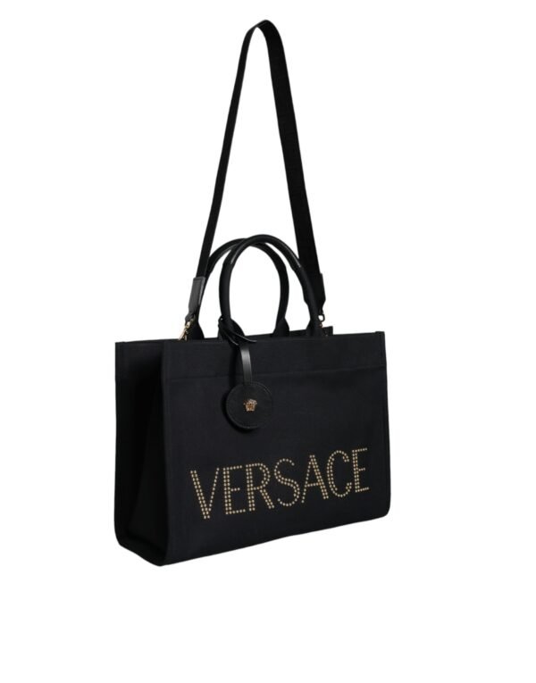 Versace Black Top Handle Canvas Leather Logo Crossbody Tote Bag - Image 2