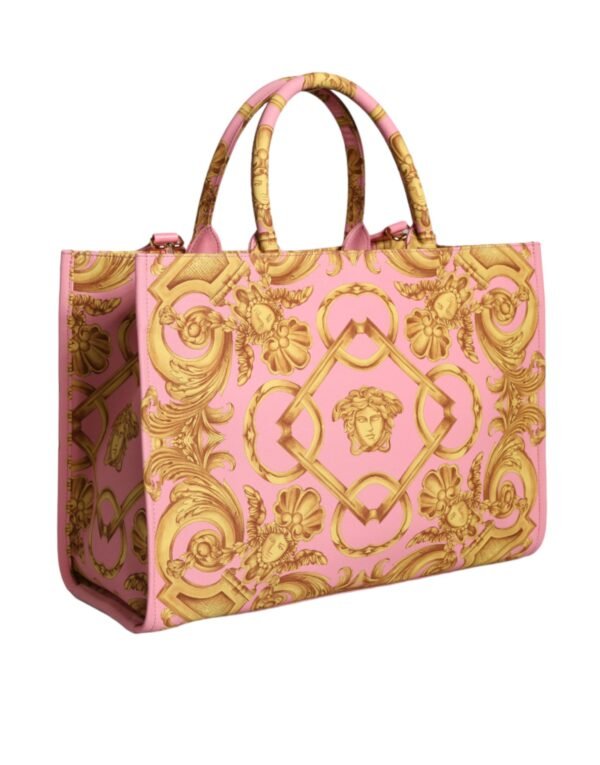 Versace Pink Printed Large Fabric Leather Shopping Tote Bag - Image 3