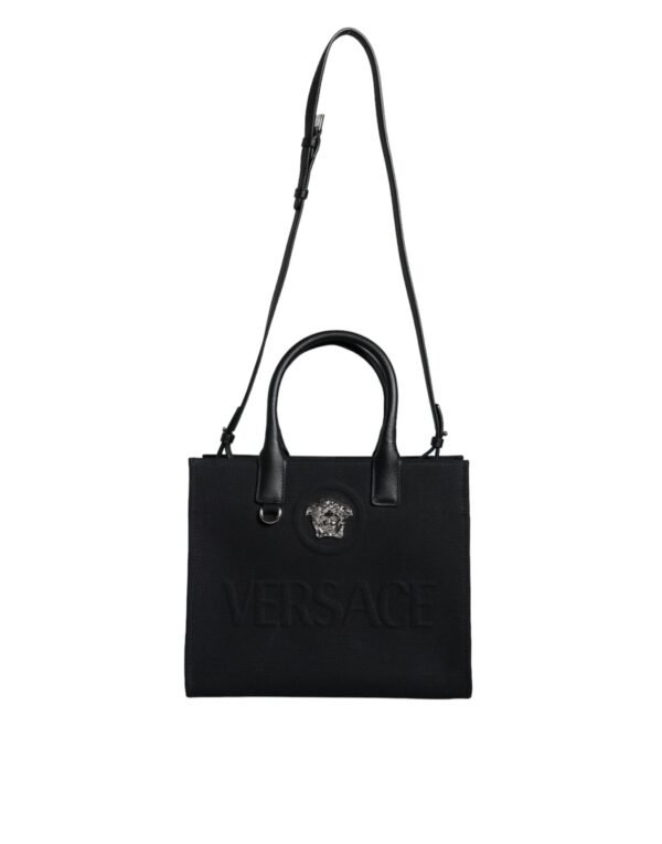 Versace Black Top Handle Canvas Leather Logo Crossbody Tote Bag - Image 2