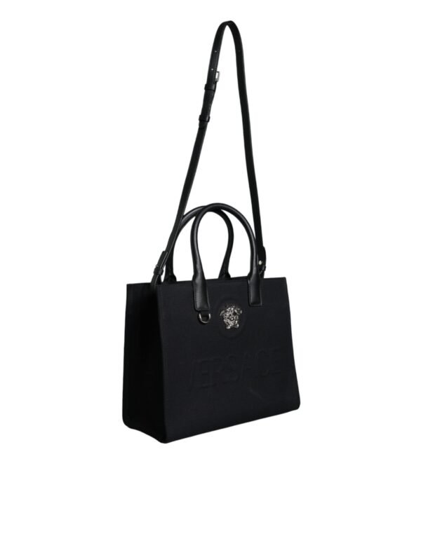 Versace Black Top Handle Canvas Leather Logo Crossbody Tote Bag - Image 3