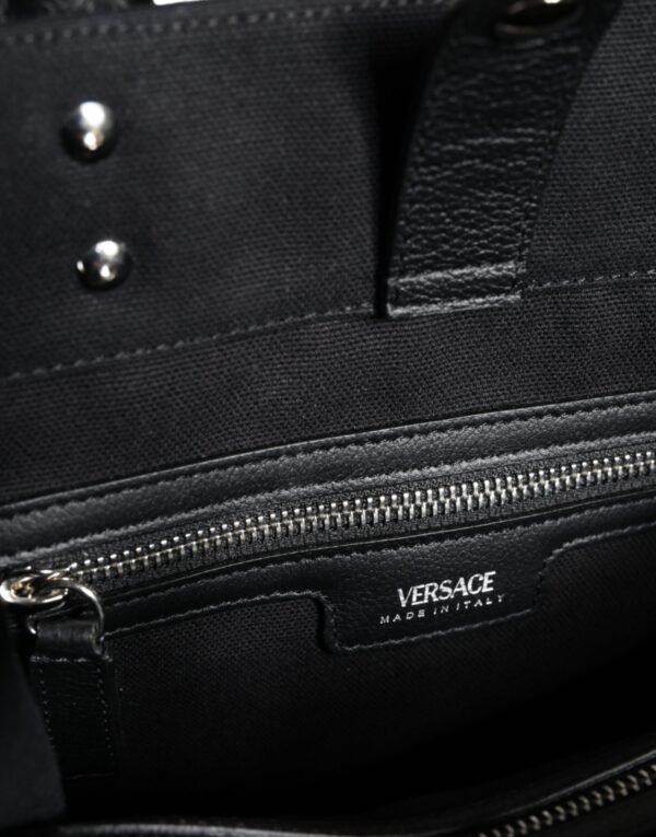 Versace Black Top Handle Canvas Leather Logo Crossbody Tote Bag - Image 5