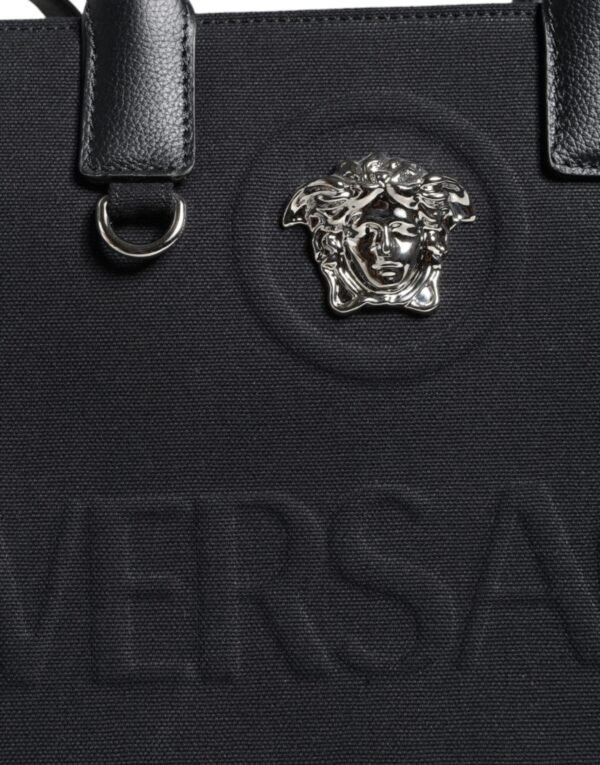 Versace Black Top Handle Canvas Leather Logo Crossbody Tote Bag - Image 8