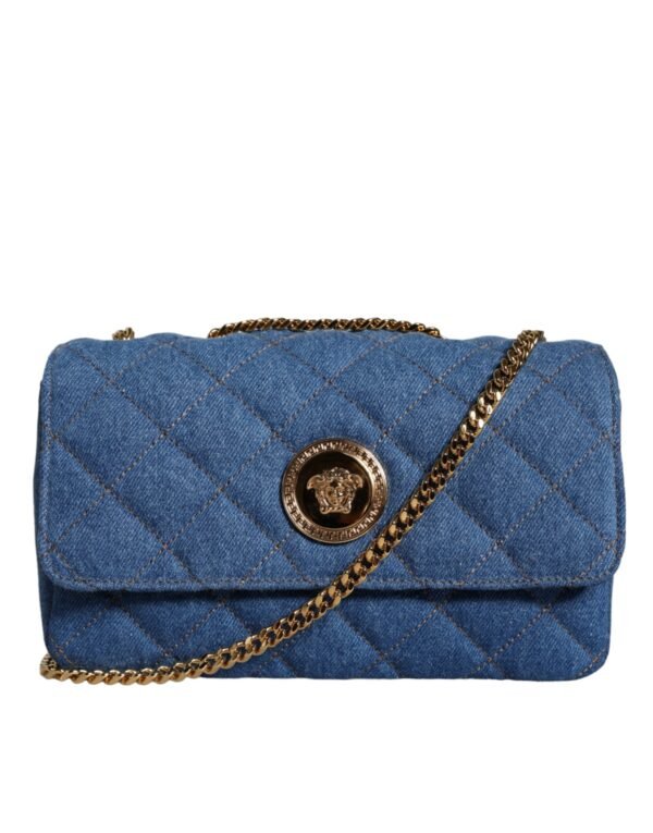 Versace Blue Quilted Denim Leather Crossbody Shoulder Bag - Image 3