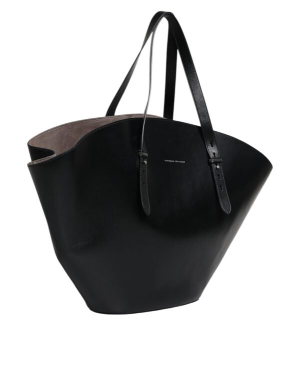 Brunello Cucinelli Black Leather Logo Shoulder Strap Shopping Tote Bag - Image 3