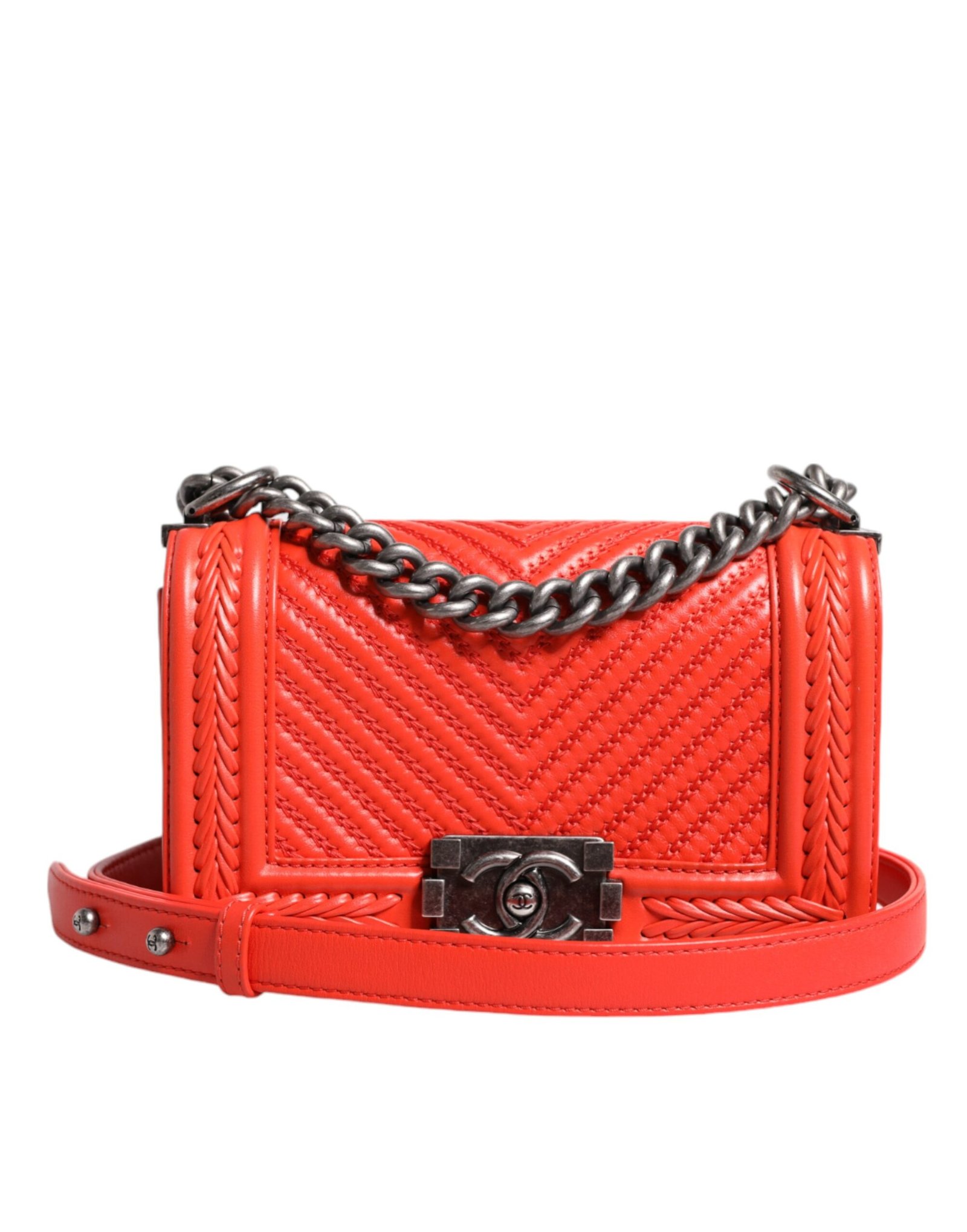 Chanel Orange Small Leather Chain Shoulder Boy Bag - Image 2