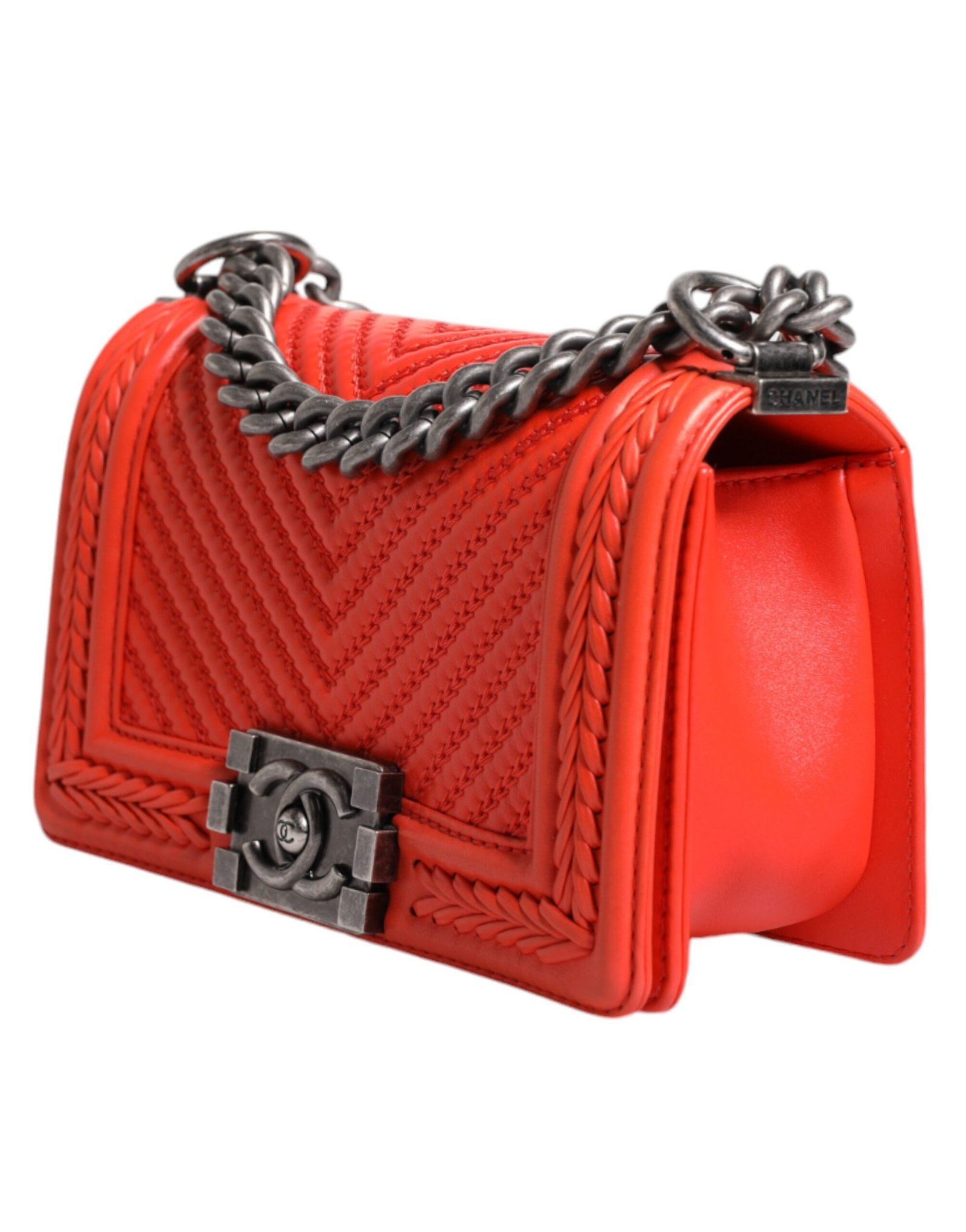 Chanel Orange Small Leather Chain Shoulder Boy Bag - Image 3