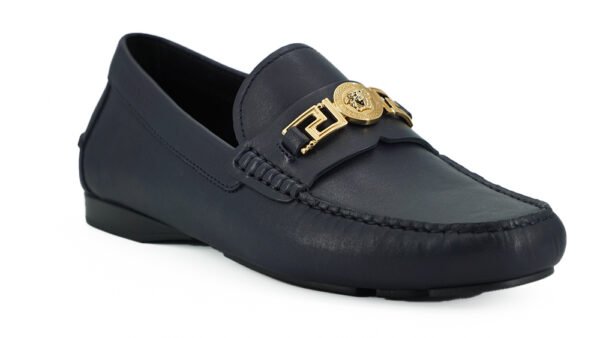 Versace Elegant Navy Blue Calf Leather Loafers - Image 2