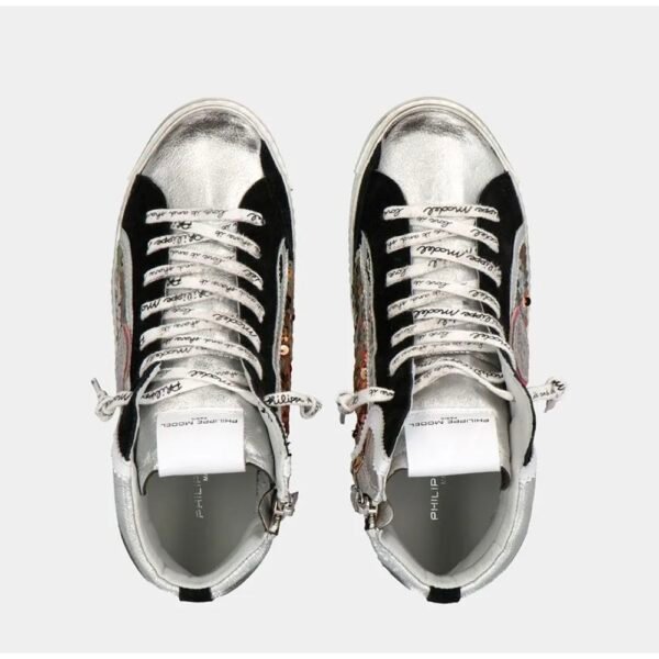 Philippe Model Elegant Gray Leather Sneakers with Sequin Details - Image 3