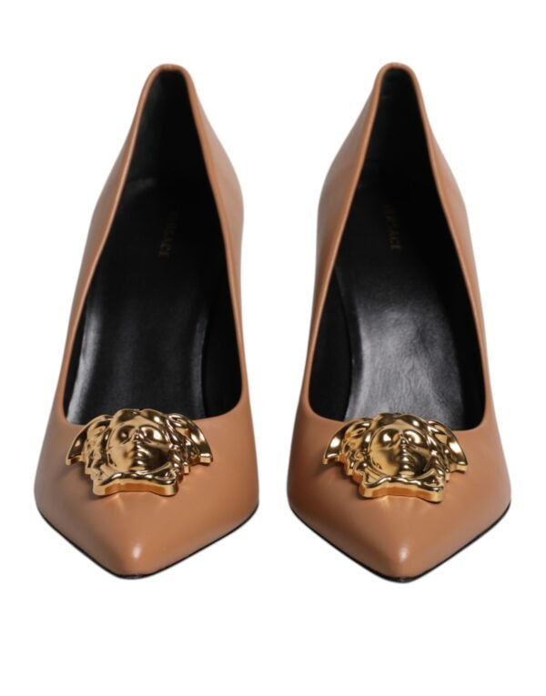 Versace Brown Leather Logo Plaque High Heels Pumps Shoes - Image 2