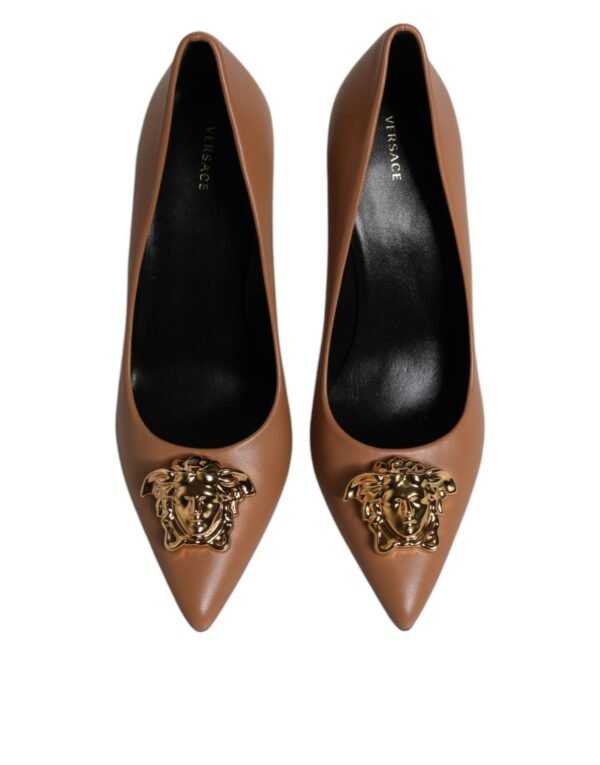 Versace Brown Leather Logo Plaque High Heels Pumps Shoes - Image 3