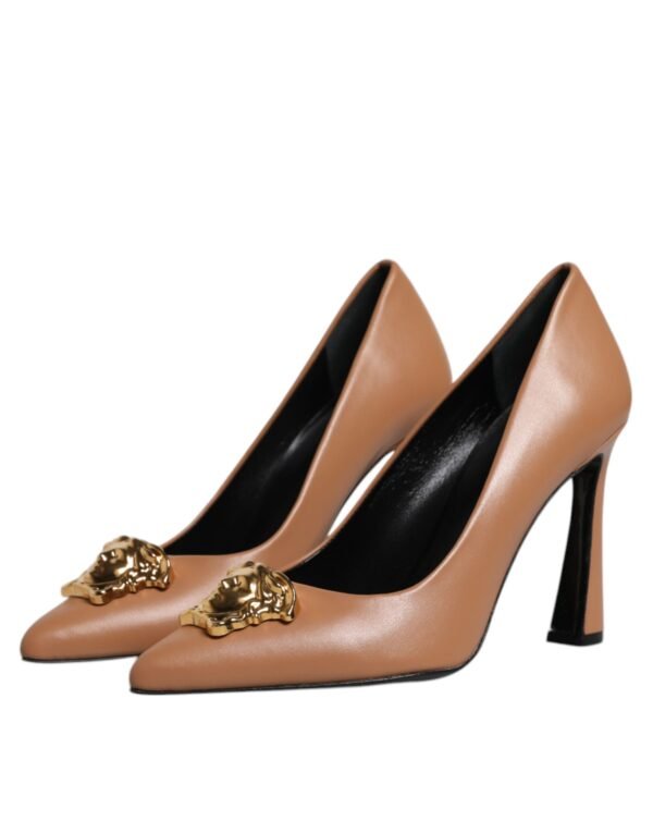 Versace Brown Leather Logo Plaque High Heels Pumps Shoes - Image 4