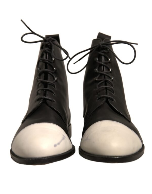Sergio Rossi Black White Leather Lace Up Flats Ankle Boots Shoes - Image 2