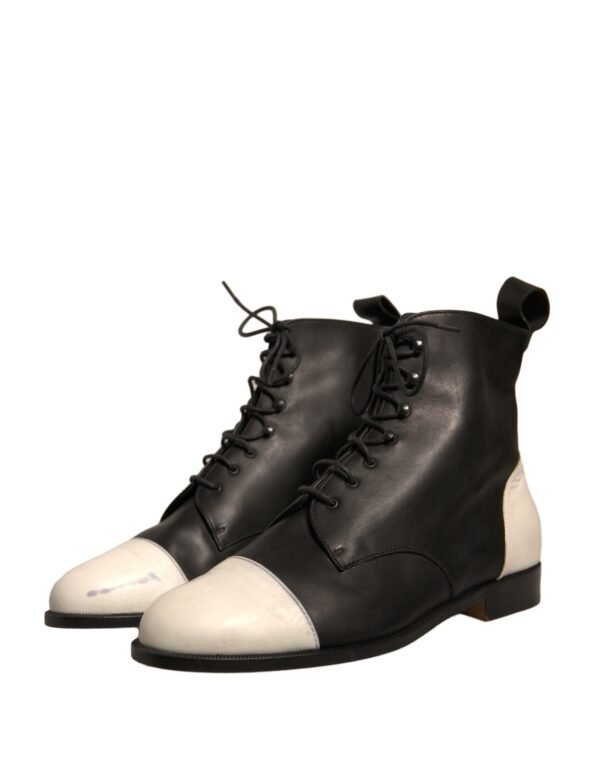 Sergio Rossi Black White Leather Lace Up Flats Ankle Boots Shoes - Image 3
