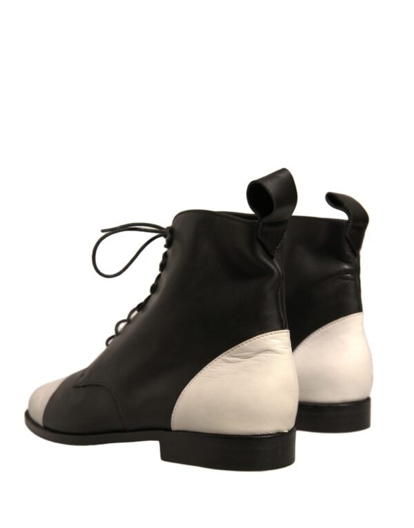Sergio Rossi Black White Leather Lace Up Flats Ankle Boots Shoes - Image 4