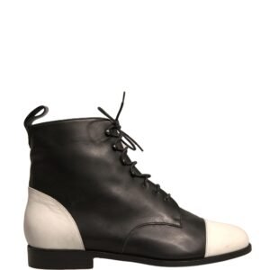Sergio Rossi Black White Leather Lace Up Flats Ankle Boots Shoes